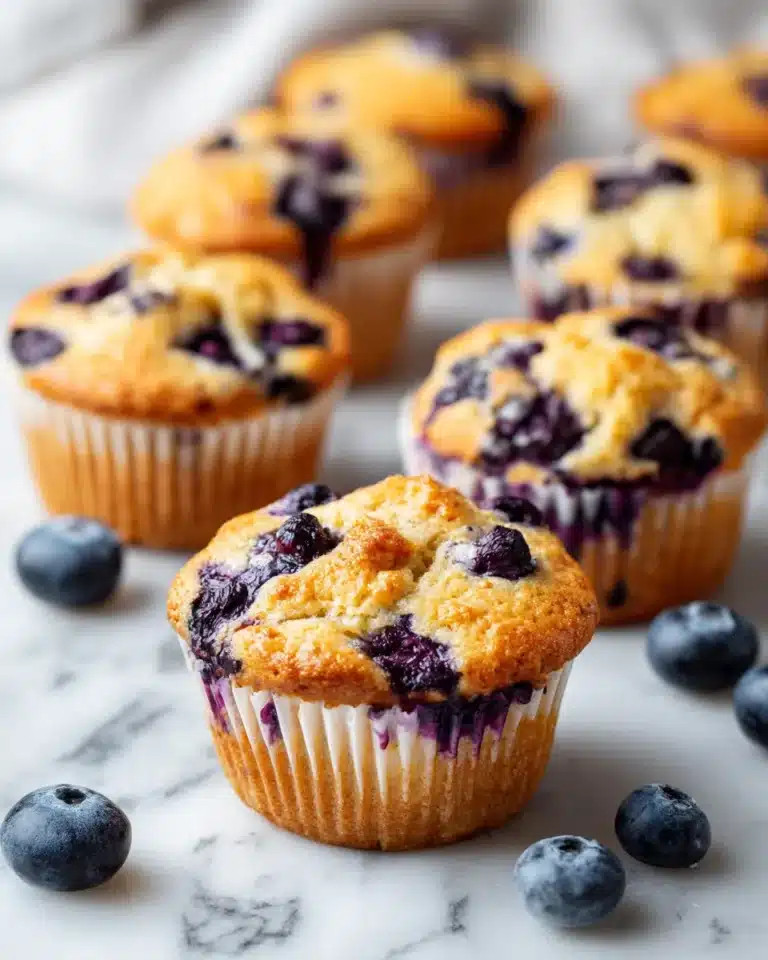 Blueberry protein muffin with bite showing moist, fluffy interior and whole blueberries.