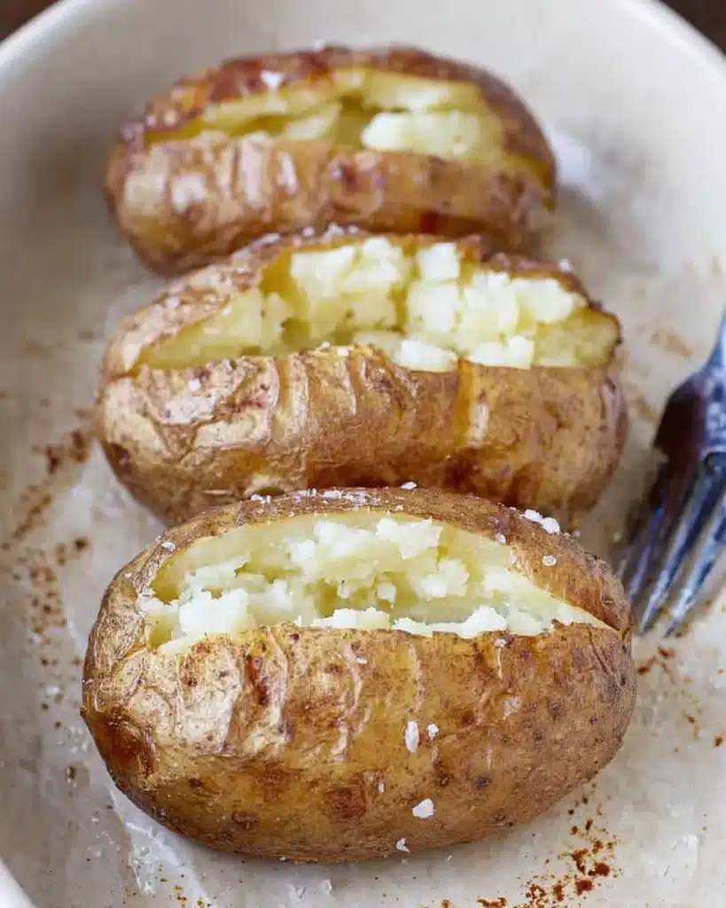Three crispy Russet baked potatoes with fluffy insides and salted skins