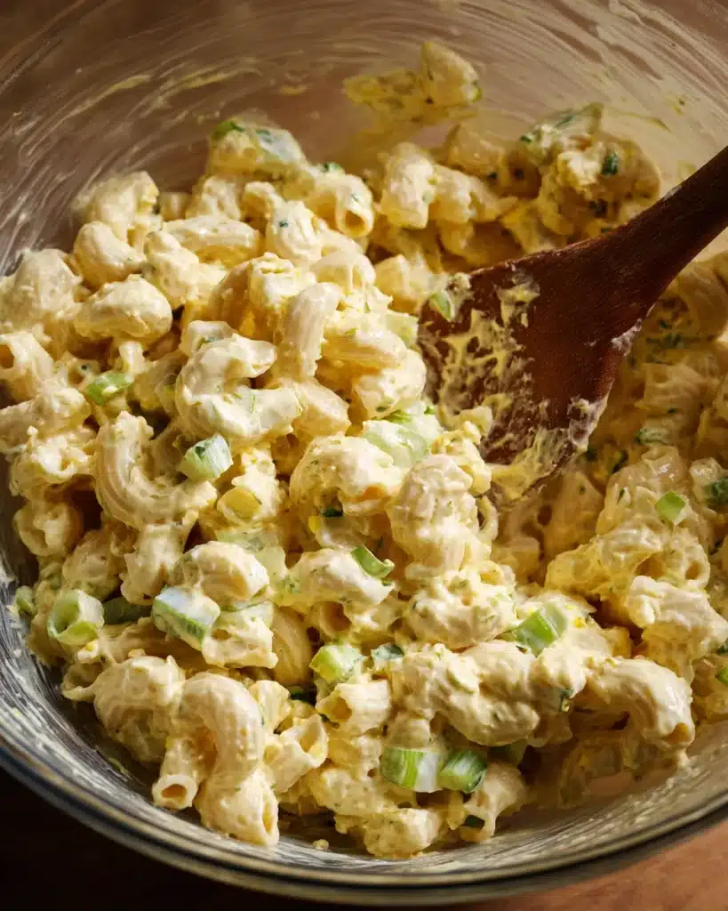 Classic deviled egg pasta salad with elbow macaroni, bell peppers, and creamy dressing