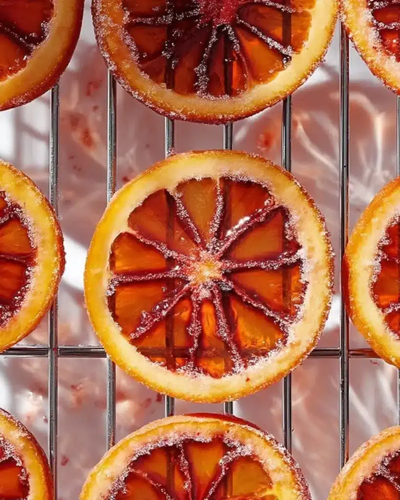 Glossy candied blood orange slices drying on a wire rack