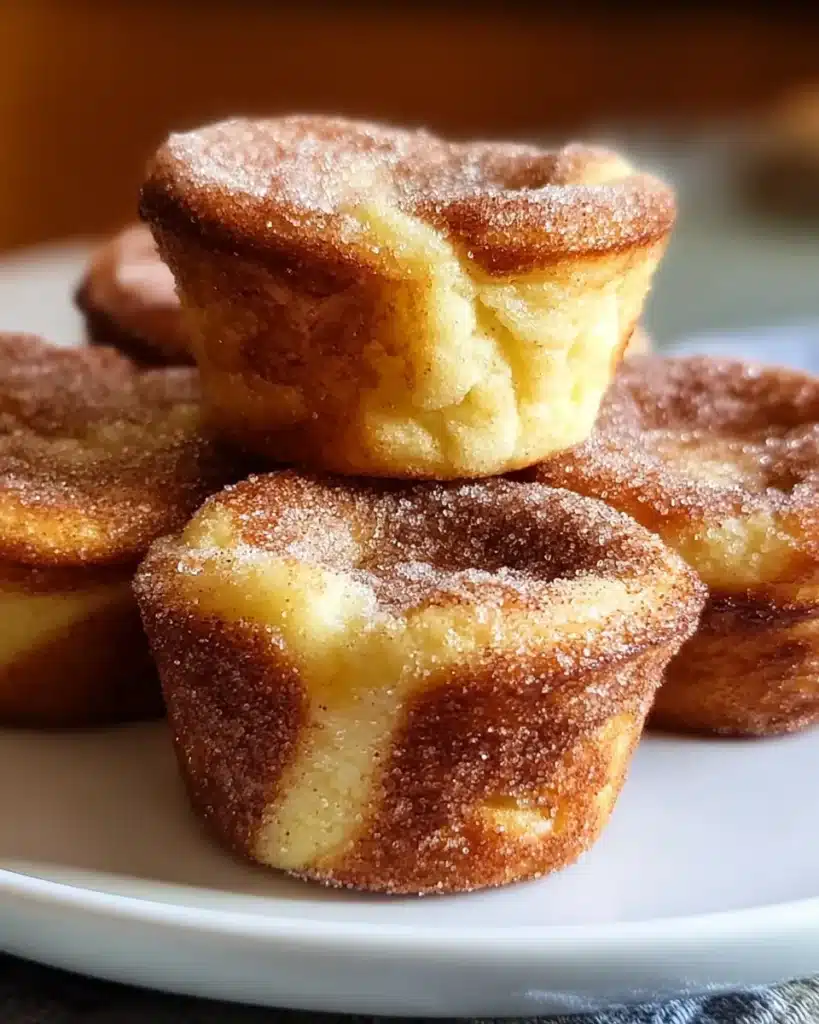 Close-up of baked French toast muffins coated in cinnamon sugar.