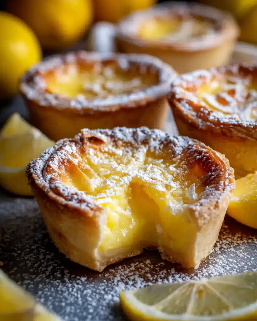 Close-up of lemon impossible pies with creamy centers and powdered sugar