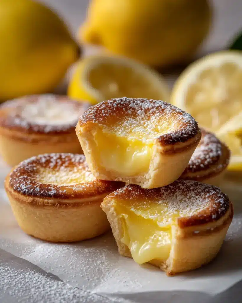 Stacked mini lemon impossible pies with creamy filling and powdered sugar
