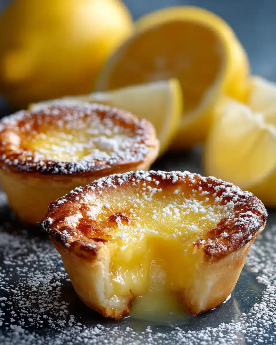 Mini Baby Lemon Impossible Pies with powdered sugar and creamy lemon filling