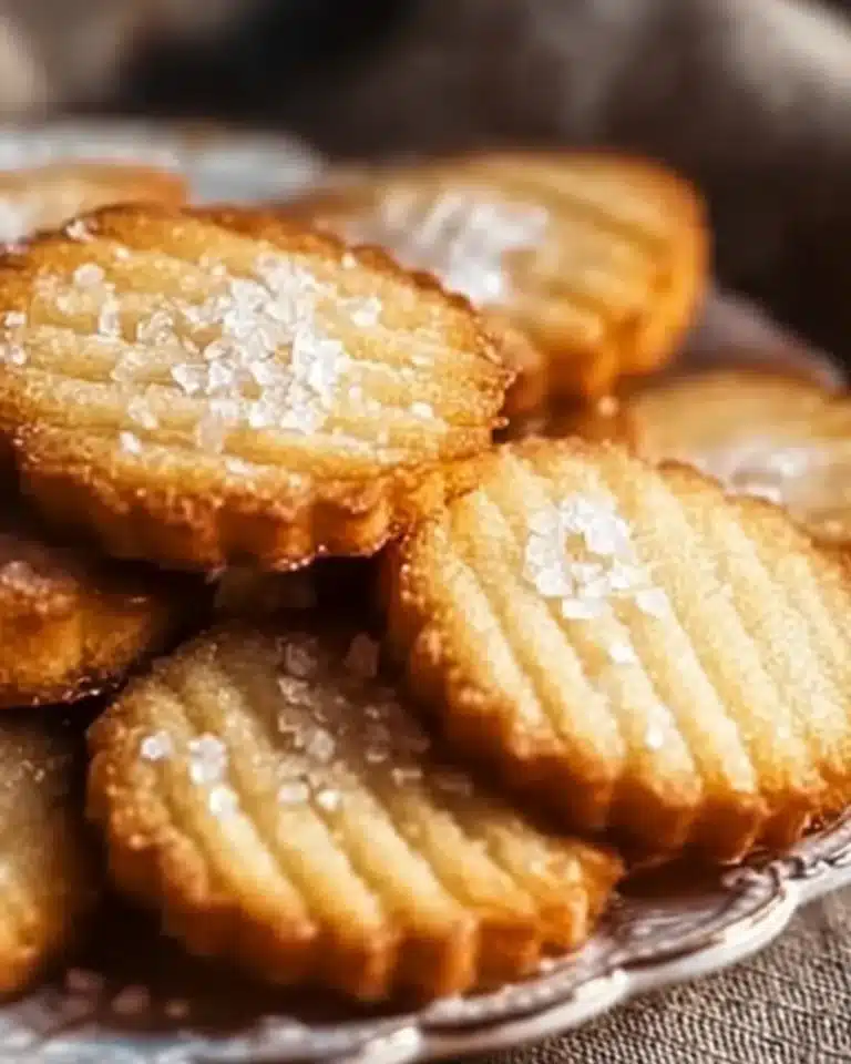 Golden French salted butter cookies topped with flaky sea salt on a silver plate