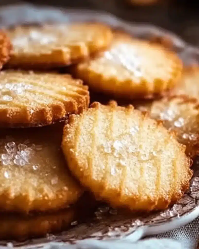 Close-up of golden French butter cookies with flaky sea salt topping