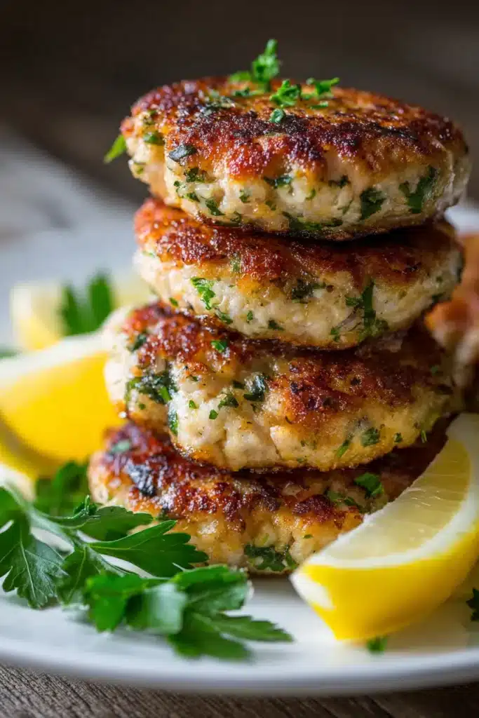 Golden brown Mediterranean chicken patties with herbs and lemon on plate