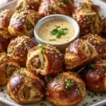 Golden-brown pretzel bratwurst bites with coarse salt and cheese dip