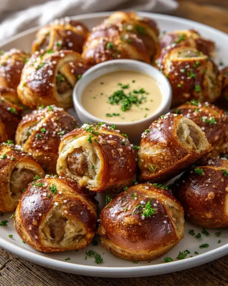 Golden-brown pretzel bratwurst bites with coarse salt and cheese dip
