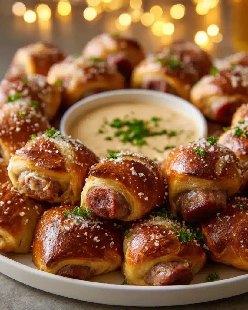 Bratwurst pretzel bites on platter with cheese dip and festive lights