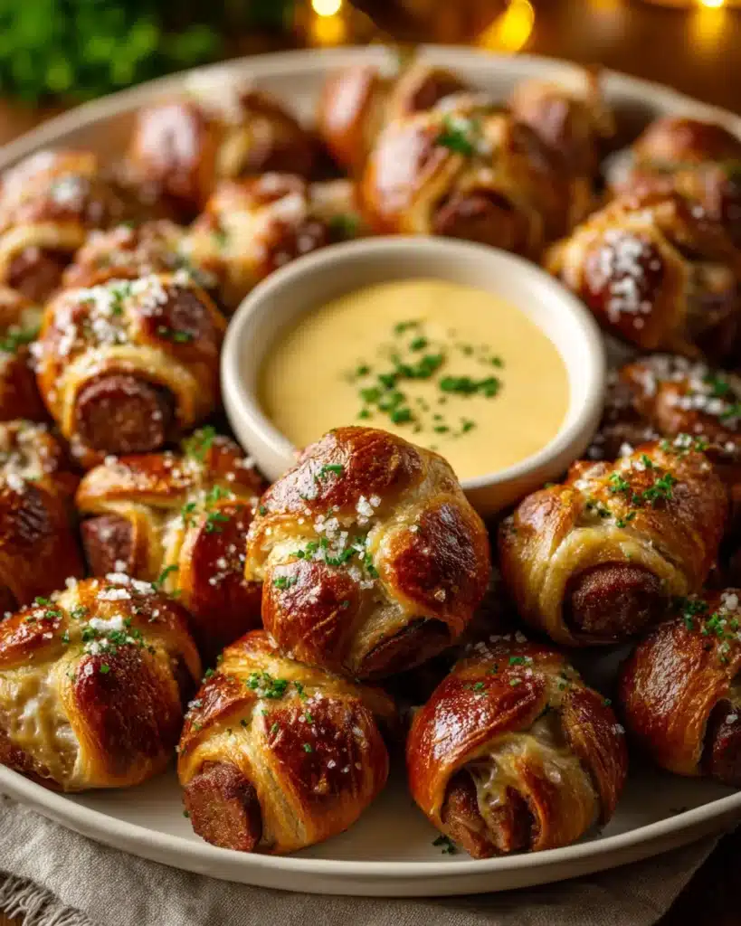 Close-up of pretzel-wrapped bratwurst bites with mustard cheese dip