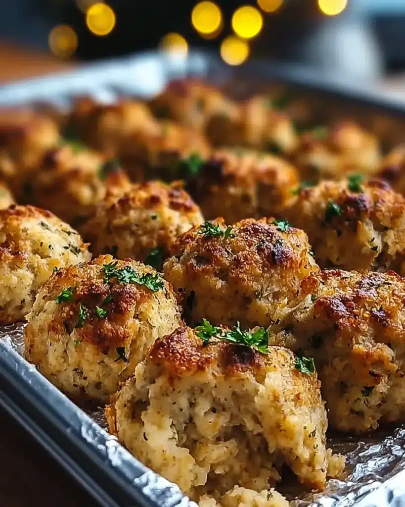 Close-up of moist stuffing balls with crispy crust and parsley topping