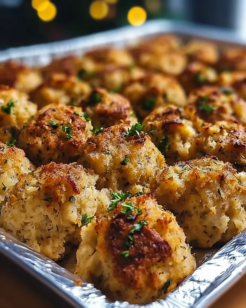 Tray of baked stuffing balls with crispy tops and fresh herbs for garnish