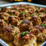 Golden-brown holiday stuffing balls baked in a foil tray with parsley garnish