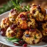 Golden cranberry & turkey stuffing balls with herbs on a plate, perfect holiday appetizer.