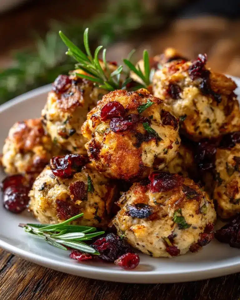 Golden cranberry & turkey stuffing balls with herbs on a plate, perfect holiday appetizer.