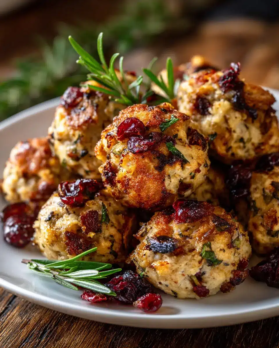 Golden cranberry & turkey stuffing balls with herbs on a plate, perfect holiday appetizer.