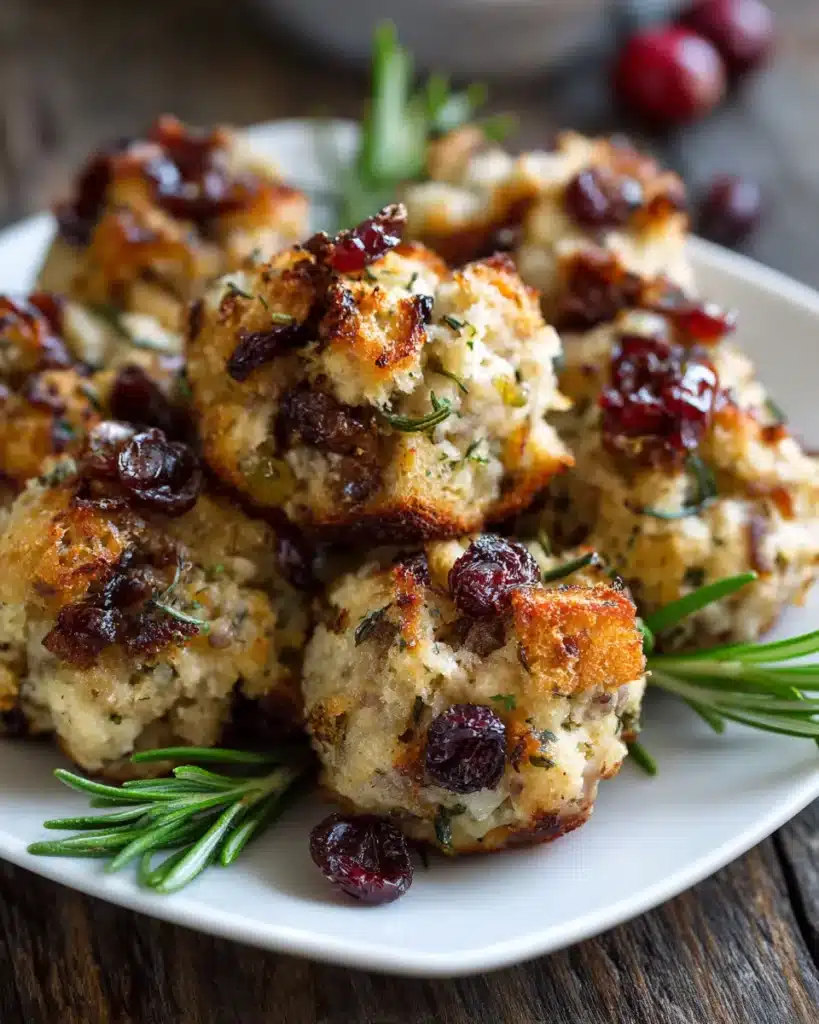 Herbed turkey stuffing balls with dried cranberries on a white plate.