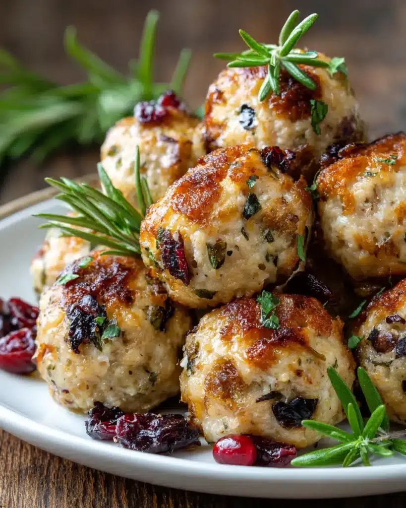 Close-up of golden baked turkey stuffing balls with cranberries and rosemary.