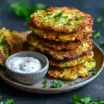Golden zucchini fritters stacked on a plate with yogurt dip, clean eating side dish