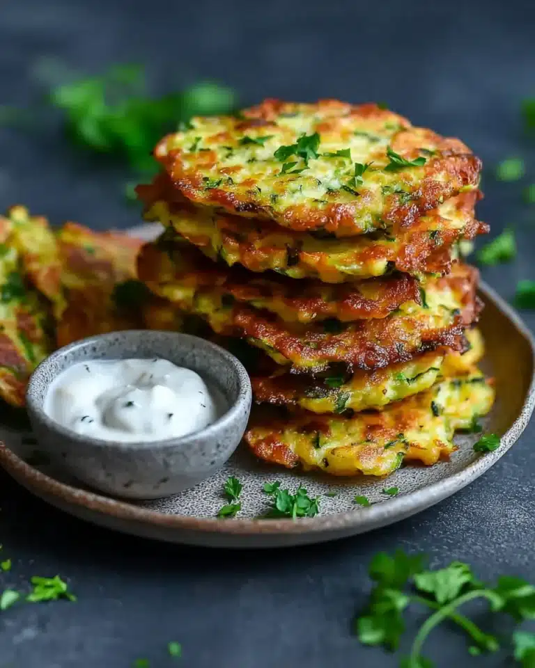 Golden zucchini fritters stacked on a plate with yogurt dip, clean eating side dish