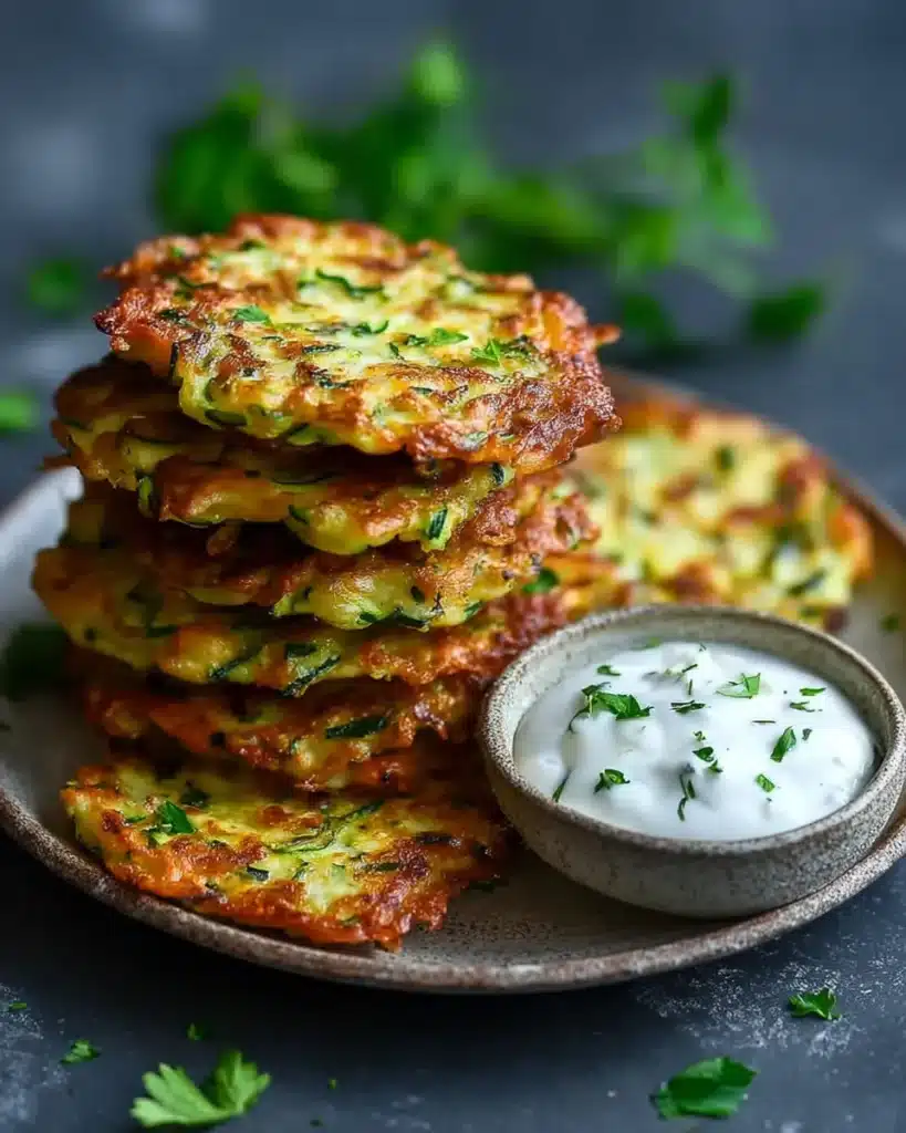 Stacked Healthy Zucchini Fritters Side Dish served with Greek yogurt herb dip on a rustic plate