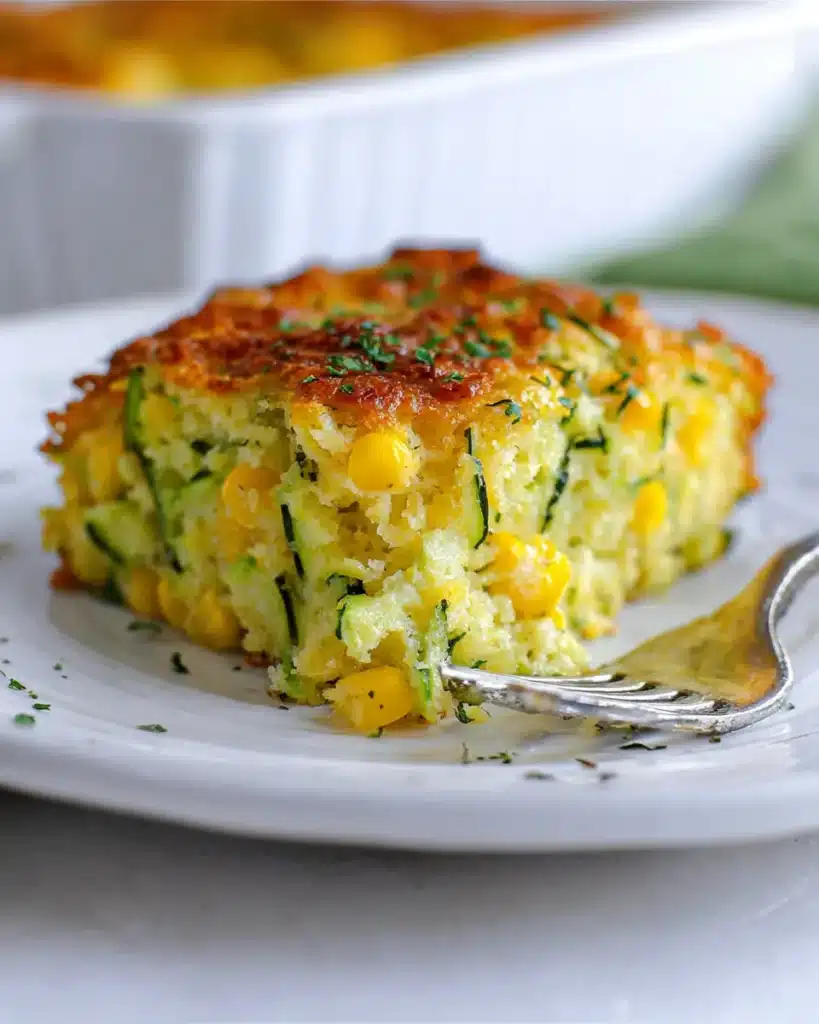 Cheesy zucchini and corn casserole served warm on a white plate