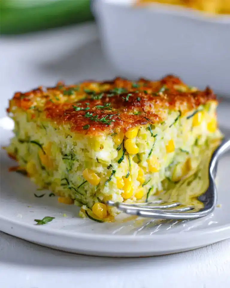 Golden zucchini cornbread casserole slice with corn and cheese on white plate