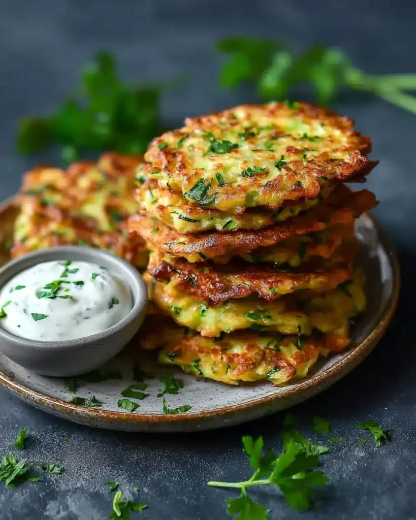 Stack of healthy zucchini fritters with herb yogurt dip on stoneware plate