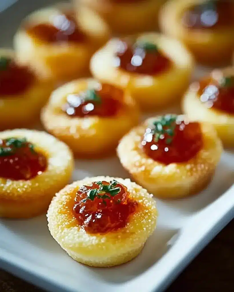 Mini cheese thumbprint appetizers with hot pepper jelly and herbs on a tray