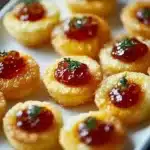 Cheesy thumbprint appetizers topped with hot pepper jelly and herbs on a white plate