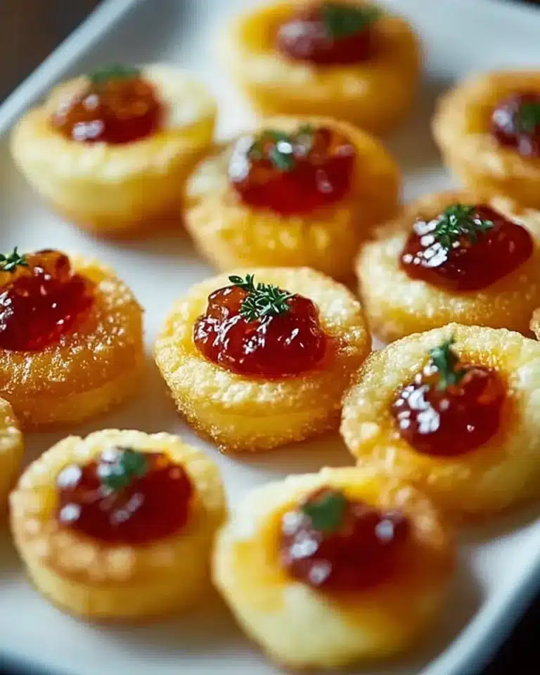 Cheesy thumbprint appetizers topped with hot pepper jelly and herbs on a white plate