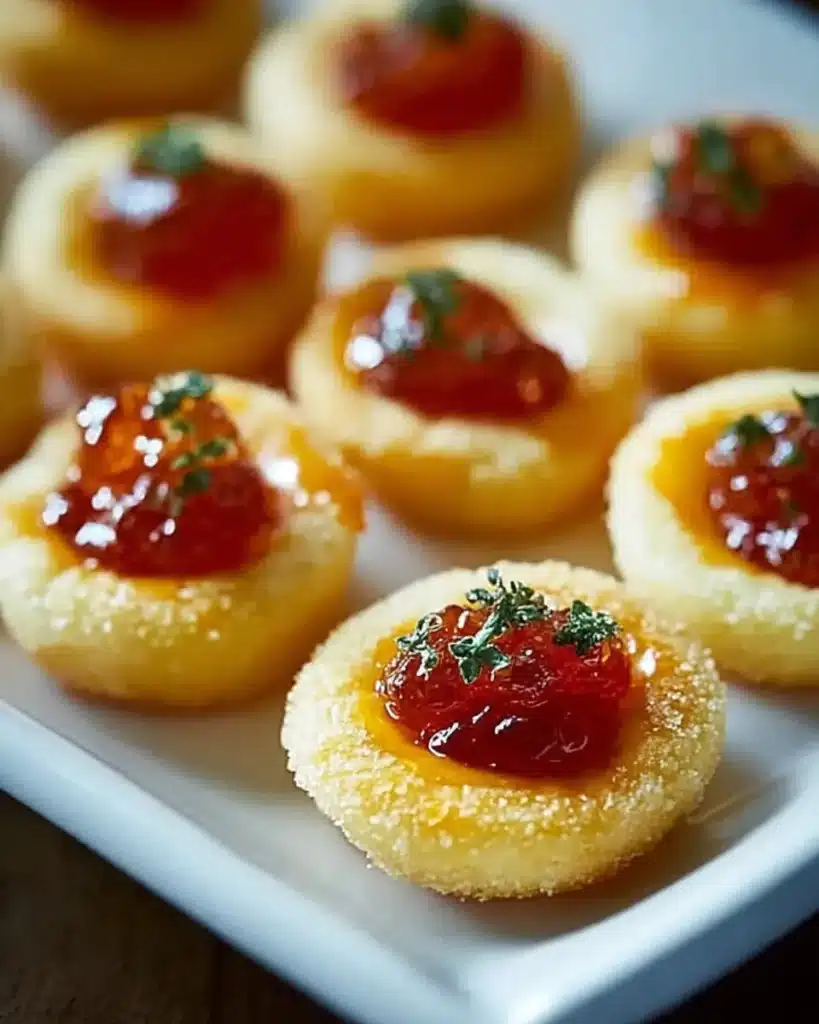 Cheesy Thumbprint Appetizers with Hot Pepper Jelly – Close-up of cheddar thumbprint appetizers with hot pepper jelly and herb garnish