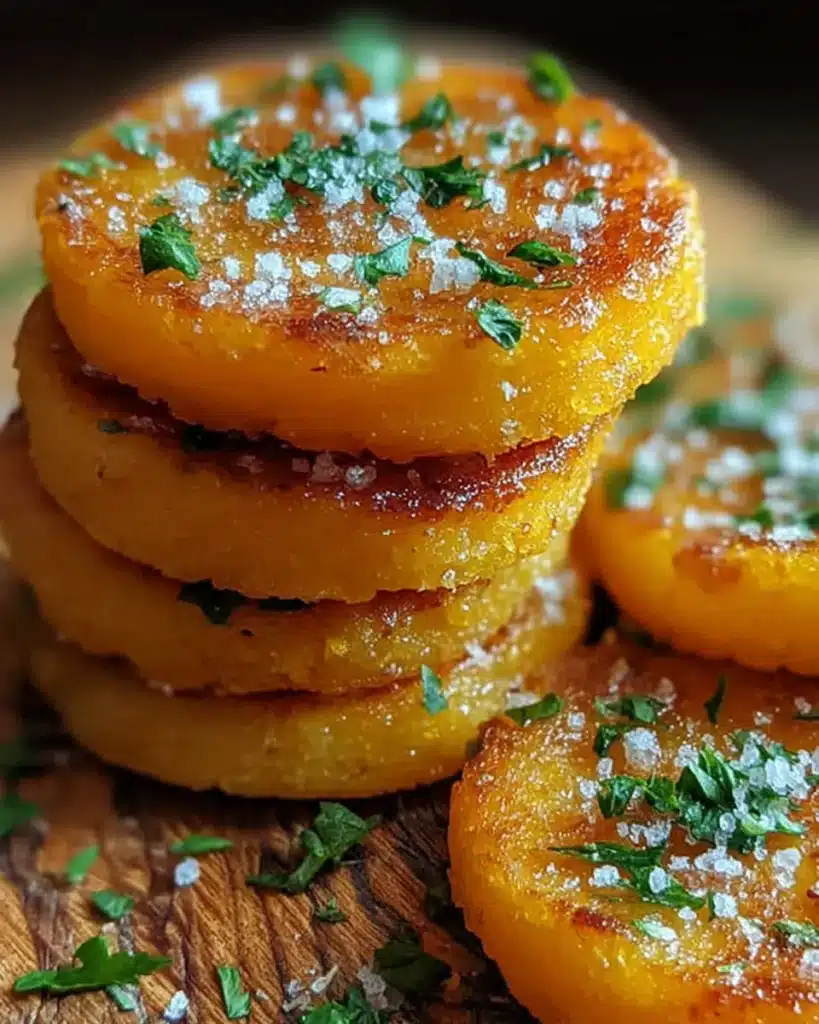 Stacked parmesan polenta cakes garnished with herbs and sea salt