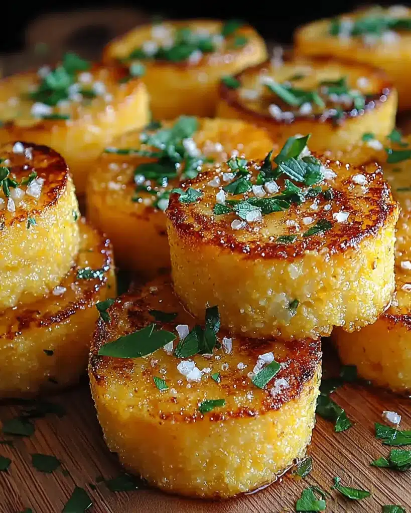 Crispy baked parmesan polenta rounds topped with herbs and sea salt