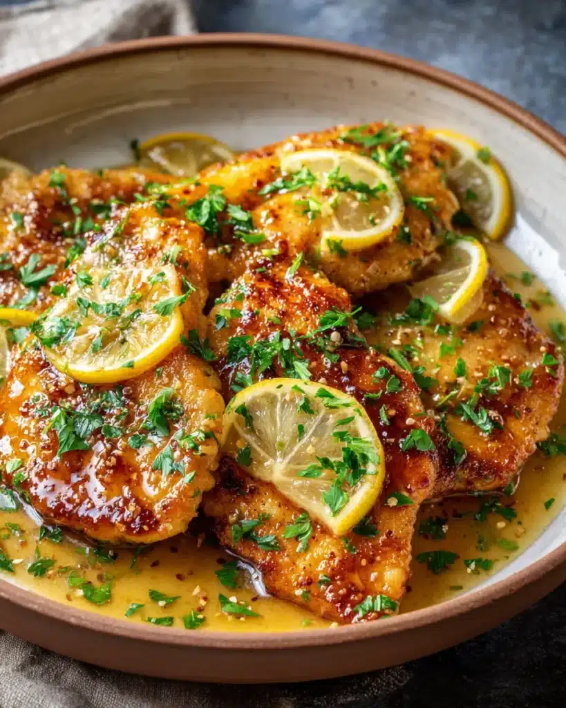 Golden chicken scallopini with lemon butter sauce and parsley