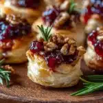 Holiday brie puff pastry bites topped with cranberry sauce and chopped candied pecans