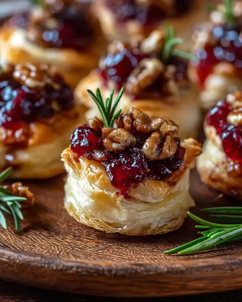 Holiday brie puff pastry bites topped with cranberry sauce and chopped candied pecans