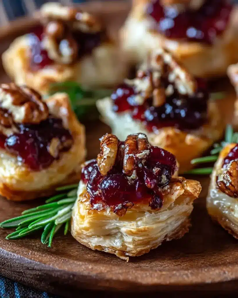 Mini puff pastry appetizers with brie, cranberry sauce, and pecan topping