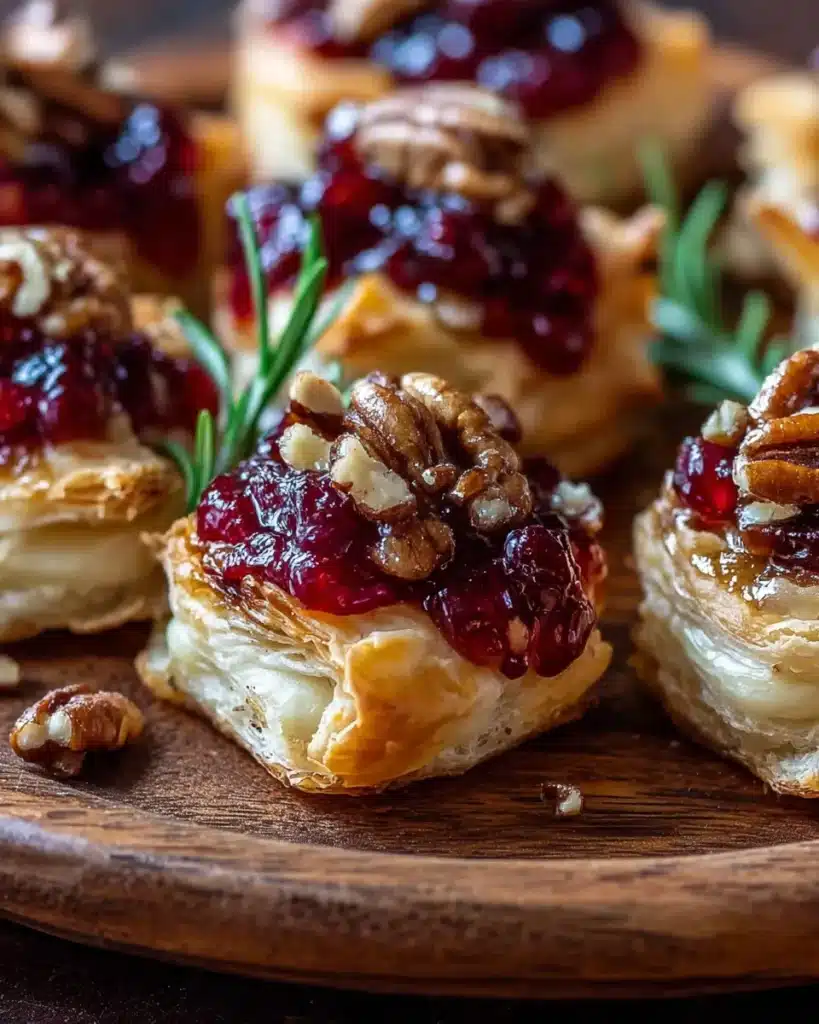 Baked Cranberry Brie Bites are holiday brie puff pastry bites topped with cranberry sauce and chopped candied pecans.