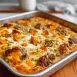 Freshly baked sweet potato egg casserole with sausage in a metal pan