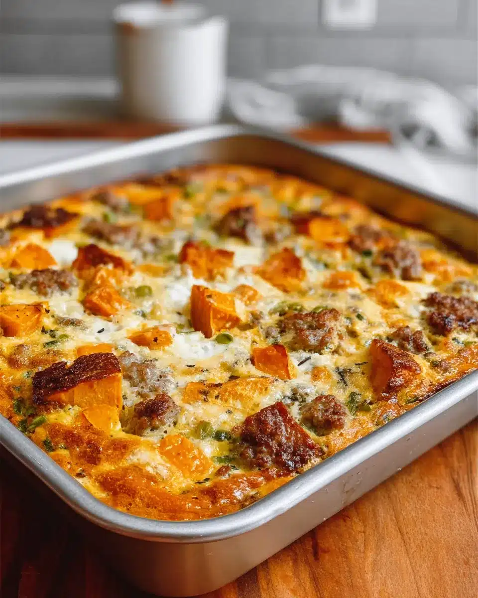 Freshly baked sweet potato egg casserole with sausage in a metal pan