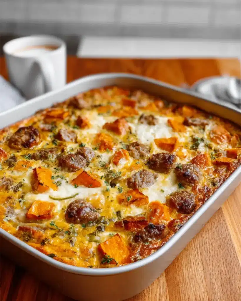 Baked sweet potato and egg casserole with sausage in a white dish
