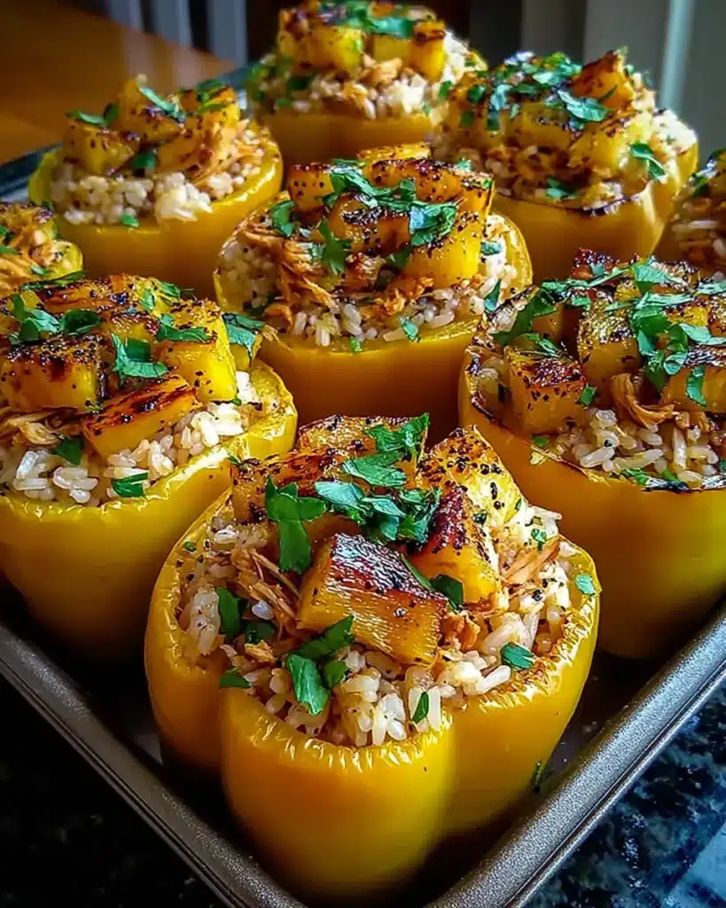 Teriyaki Pineapple Chicken and Rice Stuffed Peppers: Baked yellow bell peppers stuffed with pineapple teriyaki chicken and rice