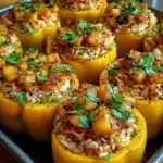 Teriyaki pineapple chicken and rice stuffed yellow bell peppers in a baking pan