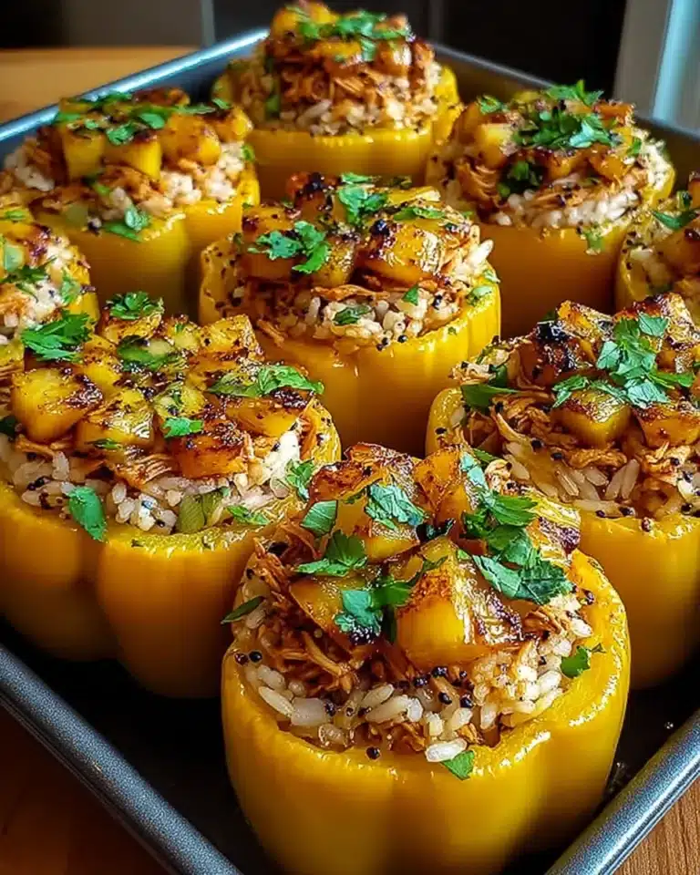 Teriyaki pineapple chicken and rice stuffed yellow bell peppers in a baking pan