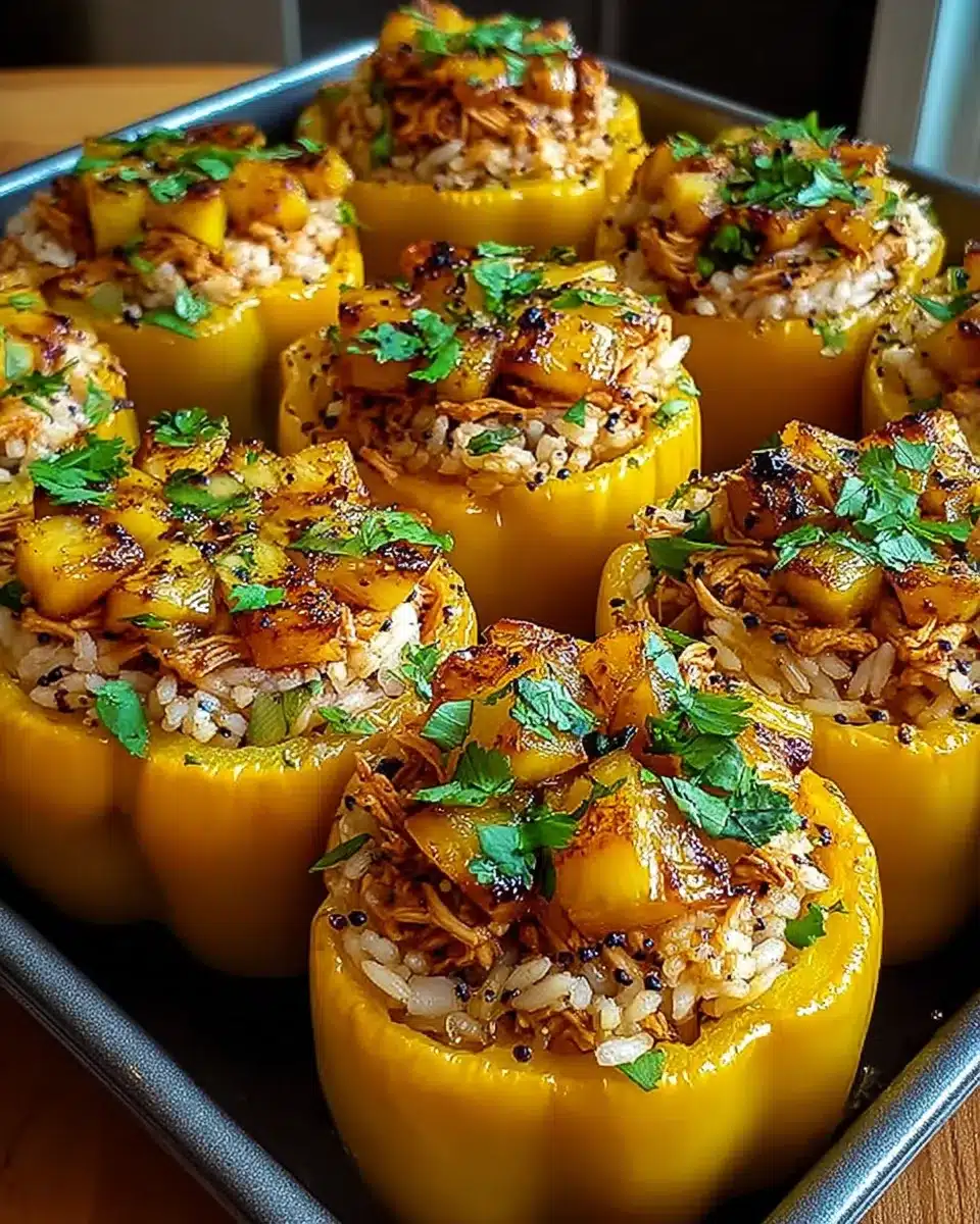 Teriyaki pineapple chicken and rice stuffed yellow bell peppers in a baking pan