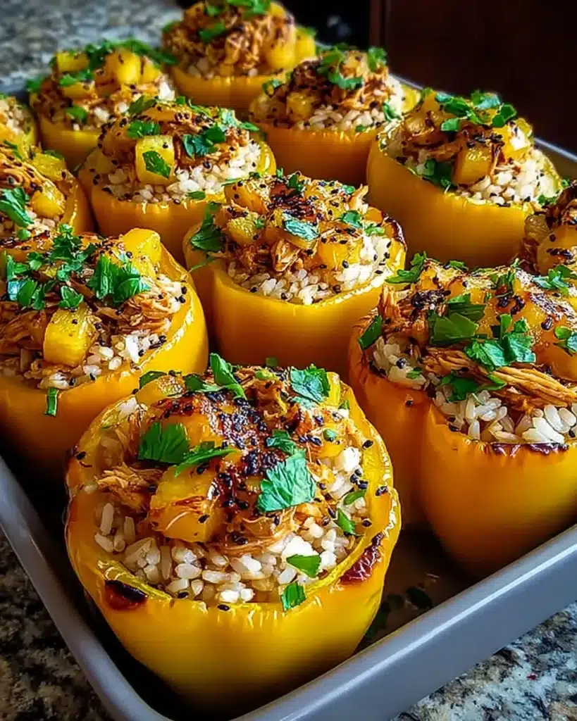 Yellow bell peppers stuffed with teriyaki chicken, pineapple, and rice, garnished with herbs