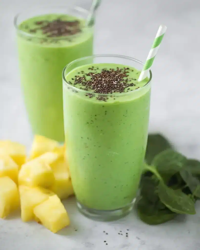 Green smoothie with spinach, pineapple, banana, and chia seeds in a glass