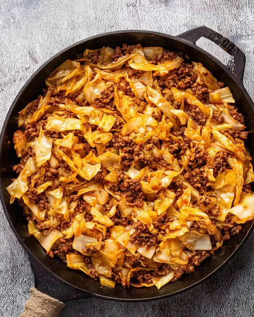 One-pan ground beef and cabbage sauté in cast iron skillet